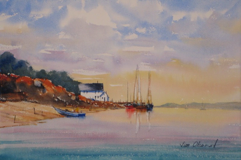 landscape seascape pier wharf dock boat sailboat sea water harbor original watercolor painting oberst